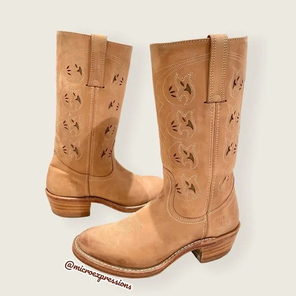 VINTAGE 1980 Frye Austin Tan Brown PullOn Leather Floral Embroidered Cowboy Boot - Picture 12 of 12